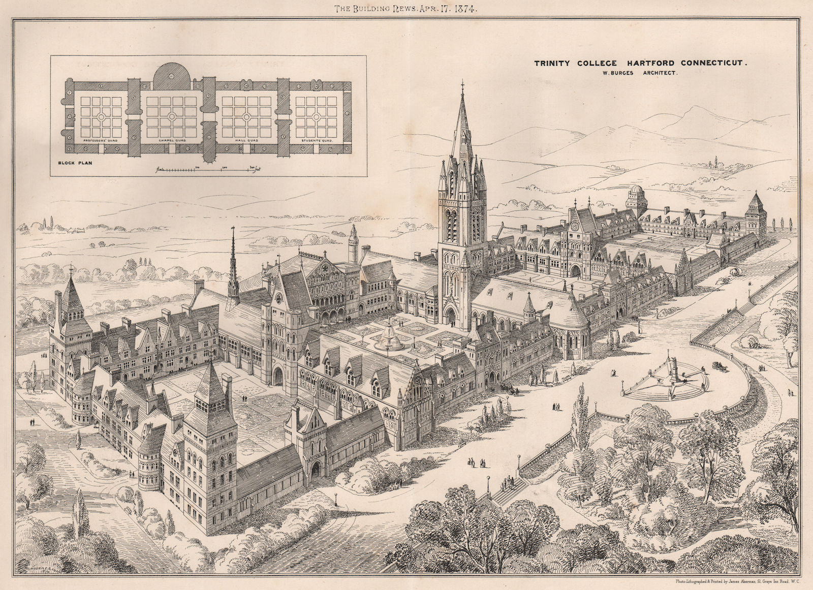 Trinity College, Hartford, Connecticut; W. Burges, Architect 1874 old print